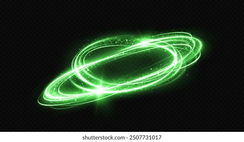 Swirling glow dynamic green circles. Shimmering wave with glitter. Rotating shining rings. Shiny spiral lines effect. Glittering wavy trail.