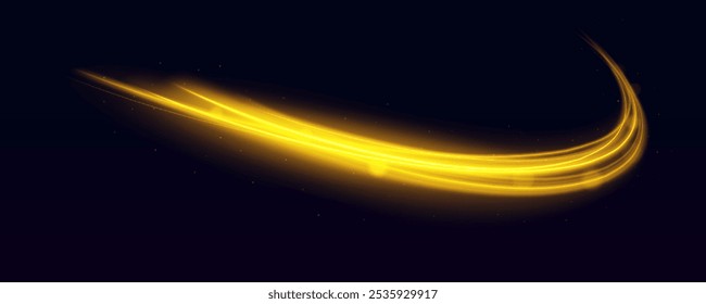 Swirling glow dynamic neon circles. Rotating shining rings. Shine magic gold swirl with flare sparkles . Golden glowing shiny spiral lines effect. Curved yellow line light. Glittering wavy trail.	