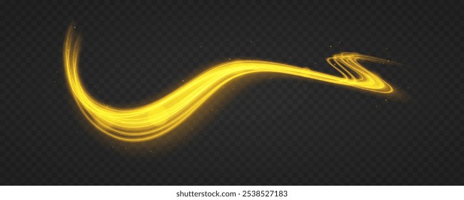 Swirling glow dynamic neon circles. Rotating shining rings. Shine magic gold swirl with flare sparkles . Golden glowing shiny spiral lines effect. Curved yellow line light. Glittering wavy trail.	