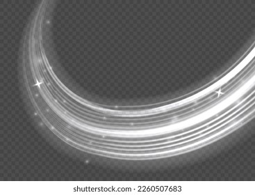 Swirling glow neon wavy. Dynamic white motion wave twist. Sparkling swirl with flare sparkle. Rotating shining waves of speed. Glowing spiral lines effect. Curved line light. Glittering trail, vector