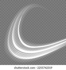 Swirling glow neon wavy. Glowing spiral lines effect. Curved line light. Glittering trail. Rotating shining waves of speed. Sparkling swirl with flare sparkle. Dynamic white motion wave twist, vector