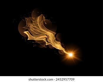 Swirling golden comet with a sparkling tail on a black canvas. Vector illustration of a dynamic celestial event, showcasing fluid motion and glitter.