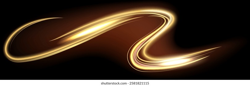 Swirling golden light effect forming a dynamic and elegant design element, perfect for adding a touch of luxury and sophistication to any project on a black and brown background