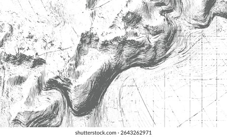 As linhas em tons de cinza giratórias criam um efeito de mapa topográfico com uma sobreposição de grade. Os tons de cinza claro e escuro contrastam dinamicamente. Padrões texturizados adicionam interesse visual.