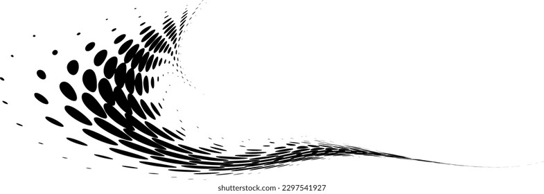 Swirling halftone polka dot and petal border. Radially expanding balls. Vector.