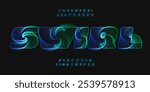 Swirling hypnotic alphabet, holographic letters with neon glow effect, 3D vortex font for futuristic sci-fi title, digital art, unique logo, creative poster, dynamic headline. Vector typeset