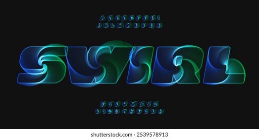 Swirling hypnotic alphabet, holographic letters with neon glow effect, 3D vortex font for futuristic sci-fi title, digital art, unique logo, creative poster, dynamic headline. Vector typeset