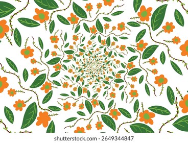 Um padrão redemoinho hipnótico de flores laranja e folhas verdes sobre um fundo branco, criando um design floral vibrante e vertiginoso.