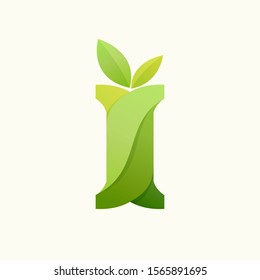 Swirling letter I logo with green leaves. Slab serif font can be used for eco, vegan, bio, raw, organic template.
