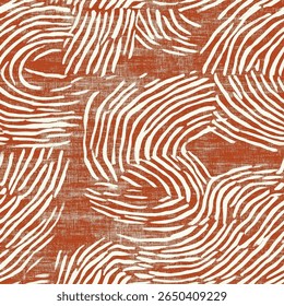 Linhas giratórias da arte aborígene, com uma cor de terracota terra e tinta branca em um fundo de linho vermelho.  Woodblock impressão padrão sem emenda, vetor repetitivo sem emenda, design para impressão têxtil.