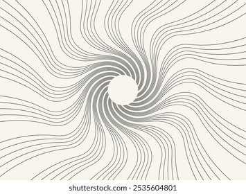 Linhas girando criando um padrão circular. Ilustração minimalista em vórtice em preto e branco. Linha abstrata hipnótica com um círculo central. Design e padrão de vórtice preto e branco