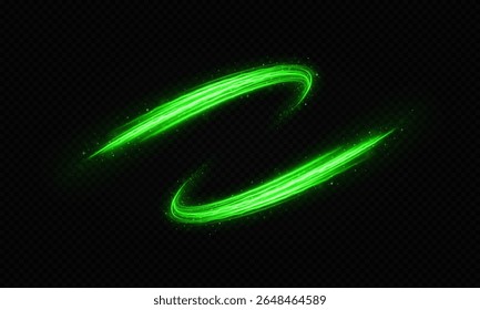 Swirling magic spiral of glowing light trails and sparkling particles on a transparent background. Shiny fire flow with motion blur and glowing wave lines.