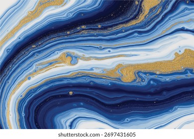 Textura em mármore redemoinho de tinta líquida azul, branca e dourada brilhante fluindo em ondas e padrões orgânicos. Vetor