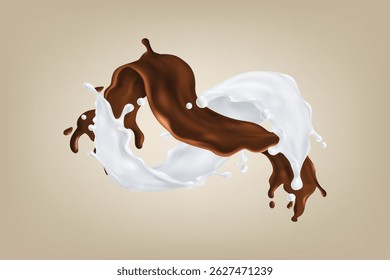 Swirling milk and chocolate splash forming a dynamic ring in the center of soft backdrop.