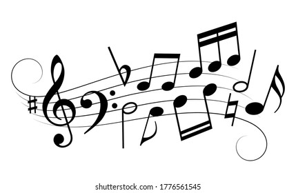 Swirling music melody and notes, vector illustration on white background