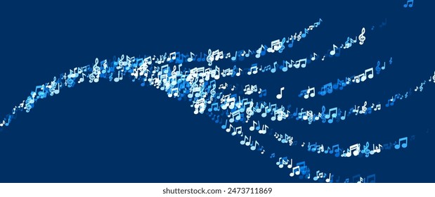 Swirling notes flow like waves across a deep blue backdrop, symbolizing the fluidity and movement of music.