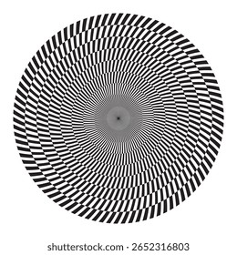 Ilustração de arte óptica girando em forma de círculo com um padrão de linha preta e branca girando concêntrico, criando uma ilusão impressionante de movimento em espiral e influenciando a percepção visual.