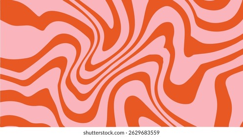 Orange und rosa abstraktes Vektormuster im psychedelischen 70er-Jahre-Stil. Wellenlinien erzeugen einen dynamischen, retro- und spielerischen Effekt, der sich perfekt für Hintergründe, Poster und moderne Designprojekte eignet.