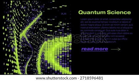 Swirling particle trails and vertical data bars in vibrant lime green and purple on a black background, evoking digital distortion. Conceptual vector illustration for quantum science, particle physics, data visualization, and cyberpunk technology themes.