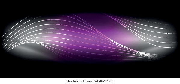 Ein wirbelndes Muster aus violetten und weißen Wellen vor einem dunklen schwarzen Hintergrund, die in der Dunkelheit einen elektrischen, blauen und magentafarbenen Kreis erzeugen. Ein faszinierendes Kunstwerk mit grafischen Elementen