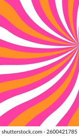 Swirling radial background in pink, orange and white colors. Groovy background for design cards, t-shirts, posters, covers, banners etc.