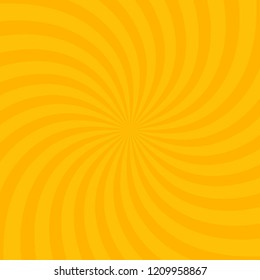 Swirling radial bright yellow pattern background. Vector illustration for swirl design. Vortex starburst spiral twirl square. Helix rotation rays. Scalable stripes. Fun sun light beams.