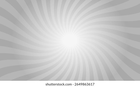 Swirling radial gray background. Gray groovy vortex spiral twirl. Twirl sunburst psychedelic pattern. Swirl candy background. Vector illustration.