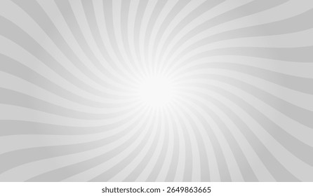 Swirling radial gray background. Gray groovy vortex spiral twirl. Twirl sunburst psychedelic pattern. Swirl candy background. Vector illustration.