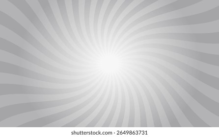 Swirling radial gray background. Gray groovy vortex spiral twirl. Twirl sunburst psychedelic pattern. Swirl candy background. Vector illustration.
