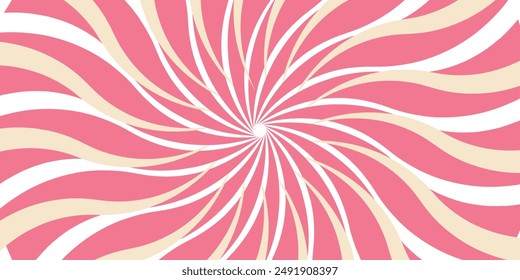 Swirling radial ice cream background. Vector illustration for swirl design. Summer. Vortex spiral twirl. Pink. Helix rotation rays. Converging psychadelic scalable stripes. Fun sun light beams