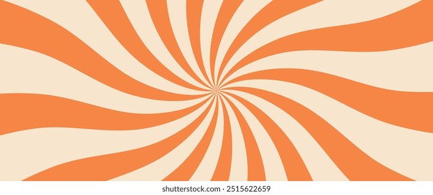 Fondo de helado radial remolino. Giro en espiral de vórtice groovy naranja. Girar el patrón psicodélico de la explosión del sol. Textura de piruleta naranja. Remueve la Ilustración vectorial de caramelo.