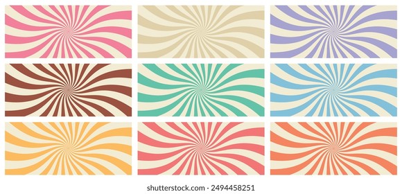 Schwirrendes Radialeis mit verschiedenen Geschmacksfarben im Hintergrund. Schokolade, Vanille, Erdbeere. Twirl Sunburst Psychedelic Muster Schokolade Lollipop Textur. Swirl Süßigkeiten Hintergrund