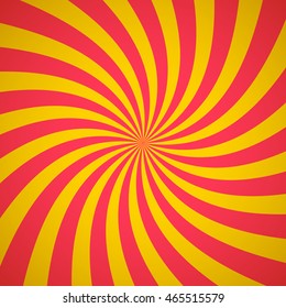 Swirling radial pattern background. Vector illustration for summer circus design. Vortex starburst spiral twirl square. Helix rotation rays. Converging yellow red stripes. Fun sun light beams.