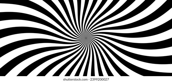 Swirling radial psychedelic background. Groovy vortex spiral twirl. Twirl sunburst pattern. Black and white lollipop texture. Swirl candy background. Vector illustration.