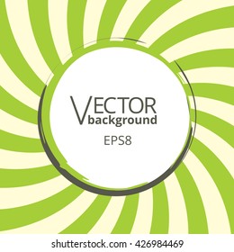 Swirling radial vortex background. Green and light yellow stripes swirling around the round blank badge in center of the square. Vector illustration in EPS8 format.