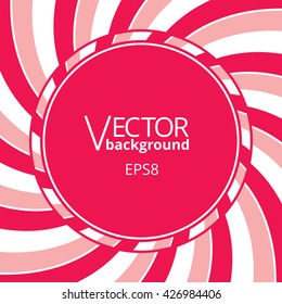 Swirling radial vortex background. Pink, red and white stripes swirling around the round blank badge in center of the square. Vector illustration in EPS8 format.