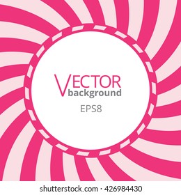 Swirling radial vortex background. Pink stripes swirling around the round blank badge in center of the square. Vector illustration in EPS8 format.
