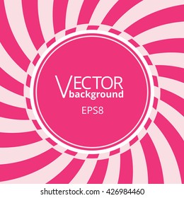Swirling radial vortex background. Pink stripes swirling around the round blank badge in center of the square. Vector illustration in EPS8 format.