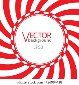 Swirling radial vortex background. Red and white stripes swirling around the round blank badge in center of the square. Vector illustration in EPS8 format.