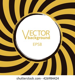 Swirling radial vortex background. Yellow and black stripes swirling around the round blank badge in center of the square. Vector illustration in EPS8 format.