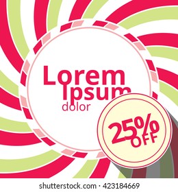 Swirling radial vortex template with discount badge. White, pink and green stripes swirling around blank circle in the square background. Vector illustration in EPS10 format.