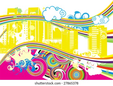 Swirling Rainbow City Vector Illustration