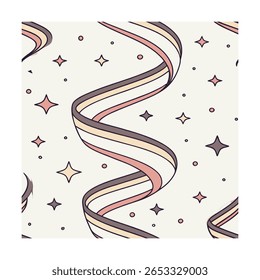 Swirling ribbons stars pattern in pastel colors on a cream swirls