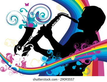 Swirling sainbow illustration with saxophonist