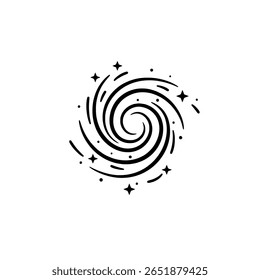 Uma galáxia espiral giratória mostrada em um estilo de esboço desenhado à mão. Uma ilustração de doodle representando o cosmos, o espaço sideral ou o universo.