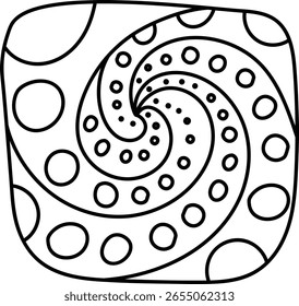 A swirling spiral pattern filled with various sized circles in a bold line style. Circular shapes create a dynamic vortex effect with a playful arrangement. Cartoon vector illustration.