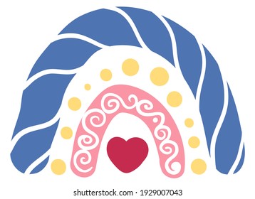 A swirling spiral rainbow with a heart inside. Children's rainbow in Boho style. In soft pastel colors. For fabrics, children's rooms, toys, prints, etc. Isolated on a white background