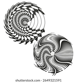 Formas espirais giratórias. Padrão de vórtice abstrato. Ilusão de movimento hipnótico. Arte dinâmica vetorial.