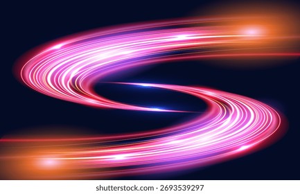 Um padrão em forma de S de trilhas leves, com tons vibrantes de rosa, vermelho e laranja, criando uma sensação de movimento e energia.