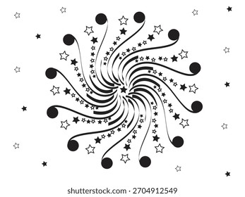 Swirling starburst pattern, dynamic spiral lines with scattered black stars creating a bold decorative design, Dynamic spiral star design